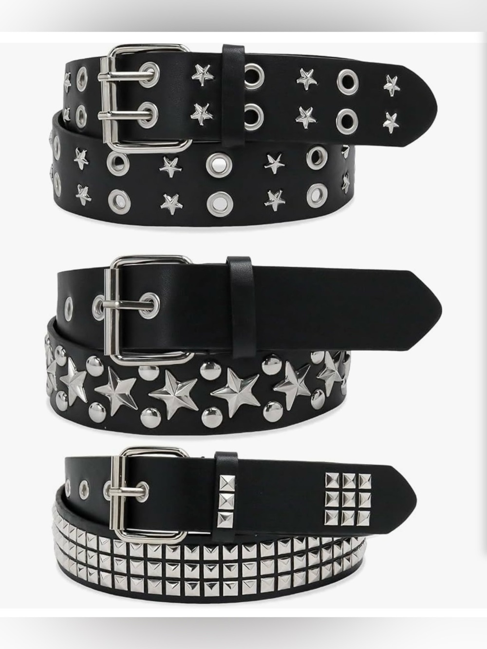 3pc Black Studded & Star Grommet Belt Set - Silver Hardware - Picture 1 of 5